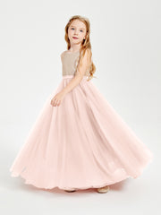 Robe Longue de Demoiselle d'Honneur Junior avec Haut en Paillettes et Jupe en Tulle Rose Perle