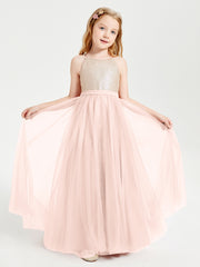 Robe Longue de Demoiselle d'Honneur Junior avec Haut en Paillettes et Jupe en Tulle Rose Perle