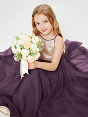 Robe Longue de Demoiselle d'Honneur Junior avec Haut en Paillettes et Jupe en Tulle Plum