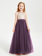 Robe Longue de Demoiselle d'Honneur Junior avec Haut en Paillettes et Jupe en Tulle Plum