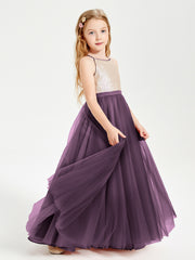 Robe Longue de Demoiselle d'Honneur Junior avec Haut en Paillettes et Jupe en Tulle Plum
