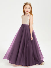 Robe Longue de Demoiselle d'Honneur Junior avec Haut en Paillettes et Jupe en Tulle Plum