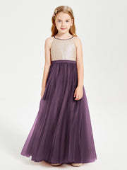 Robe Longue de Demoiselle d'Honneur Junior avec Haut en Paillettes et Jupe en Tulle Plum
