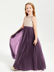 Robe Longue de Demoiselle d'Honneur Junior avec Haut en Paillettes et Jupe en Tulle Plum