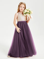 Robe Longue de Demoiselle d'Honneur Junior avec Haut en Paillettes et Jupe en Tulle Plum