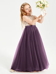 Robe Longue de Demoiselle d'Honneur Junior avec Haut en Paillettes et Jupe en Tulle Plum