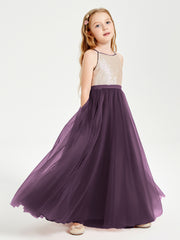 Robe Longue de Demoiselle d'Honneur Junior avec Haut en Paillettes et Jupe en Tulle Plum