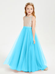 Robe Longue de Demoiselle d'Honneur Junior avec Haut en Paillettes et Jupe en Tulle Piscine