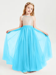 Robe Longue de Demoiselle d'Honneur Junior avec Haut en Paillettes et Jupe en Tulle Piscine