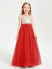 Robe Longue de Demoiselle d'Honneur Junior avec Haut en Paillettes et Jupe en Tulle Rouge