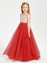 Robe Longue de Demoiselle d'Honneur Junior avec Haut en Paillettes et Jupe en Tulle Rouge