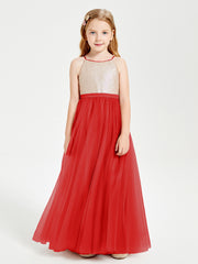 Robe Longue de Demoiselle d'Honneur Junior avec Haut en Paillettes et Jupe en Tulle Rouge