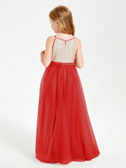 Robe Longue de Demoiselle d'Honneur Junior avec Haut en Paillettes et Jupe en Tulle Rouge