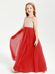 Robe Longue de Demoiselle d'Honneur Junior avec Haut en Paillettes et Jupe en Tulle Rouge