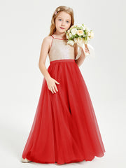 Robe Longue de Demoiselle d'Honneur Junior avec Haut en Paillettes et Jupe en Tulle Rouge