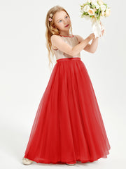 Robe Longue de Demoiselle d'Honneur Junior avec Haut en Paillettes et Jupe en Tulle Rouge