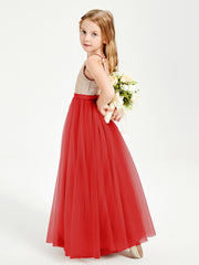 Robe Longue de Demoiselle d'Honneur Junior avec Haut en Paillettes et Jupe en Tulle Rouge