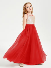 Robe Longue de Demoiselle d'Honneur Junior avec Haut en Paillettes et Jupe en Tulle Rouge
