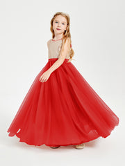 Robe Longue de Demoiselle d'Honneur Junior avec Haut en Paillettes et Jupe en Tulle Rouge