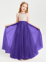 Robe Longue de Demoiselle d'Honneur Junior avec Haut en Paillettes et Jupe en Tulle Régence