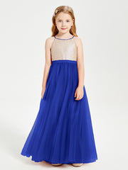 Robe Longue de Demoiselle d'Honneur Junior avec Haut en Paillettes et Jupe en Tulle Bleu Royale