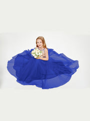 Robe Longue de Demoiselle d'Honneur Junior avec Haut en Paillettes et Jupe en Tulle Bleu Royale
