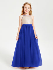 Robe Longue de Demoiselle d'Honneur Junior avec Haut en Paillettes et Jupe en Tulle Bleu Royale