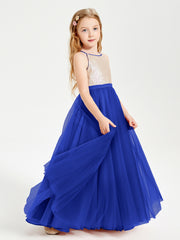 Robe Longue de Demoiselle d'Honneur Junior avec Haut en Paillettes et Jupe en Tulle Bleu Royale