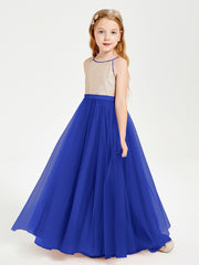 Robe Longue de Demoiselle d'Honneur Junior avec Haut en Paillettes et Jupe en Tulle Bleu Royale