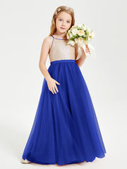 Robe Longue de Demoiselle d'Honneur Junior avec Haut en Paillettes et Jupe en Tulle Bleu Royale