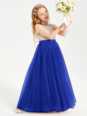Robe Longue de Demoiselle d'Honneur Junior avec Haut en Paillettes et Jupe en Tulle Bleu Royale