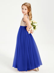 Robe Longue de Demoiselle d'Honneur Junior avec Haut en Paillettes et Jupe en Tulle Bleu Royale