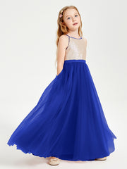 Robe Longue de Demoiselle d'Honneur Junior avec Haut en Paillettes et Jupe en Tulle Bleu Royale