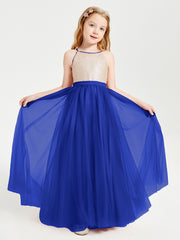 Robe Longue de Demoiselle d'Honneur Junior avec Haut en Paillettes et Jupe en Tulle Bleu Royale