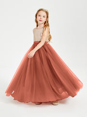 Robe Longue de Demoiselle d'Honneur Junior avec Haut en Paillettes et Jupe en Tulle Rouille