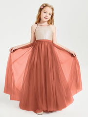 Robe Longue de Demoiselle d'Honneur Junior avec Haut en Paillettes et Jupe en Tulle Rouille