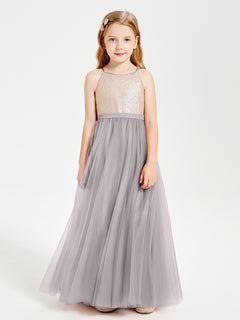 Robe Longue de Demoiselle d'Honneur Junior avec Haut en Paillettes et Jupe en Tulle Argent