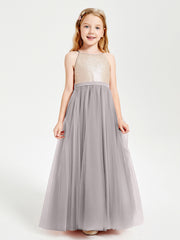 Robe Longue de Demoiselle d'Honneur Junior avec Haut en Paillettes et Jupe en Tulle Argent