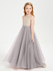 Robe Longue de Demoiselle d'Honneur Junior avec Haut en Paillettes et Jupe en Tulle Argent