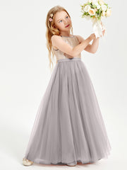 Robe Longue de Demoiselle d'Honneur Junior avec Haut en Paillettes et Jupe en Tulle Argent