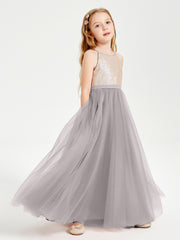 Robe Longue de Demoiselle d'Honneur Junior avec Haut en Paillettes et Jupe en Tulle Argent