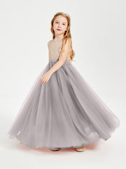 Robe Longue de Demoiselle d'Honneur Junior avec Haut en Paillettes et Jupe en Tulle Argent