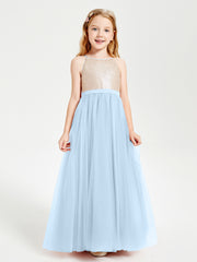 Robe Longue de Demoiselle d'Honneur Junior avec Haut en Paillettes et Jupe en Tulle Bleu Ciel