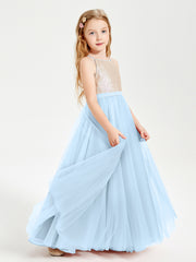 Robe Longue de Demoiselle d'Honneur Junior avec Haut en Paillettes et Jupe en Tulle Bleu Ciel