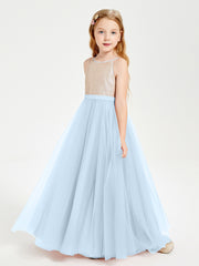 Robe Longue de Demoiselle d'Honneur Junior avec Haut en Paillettes et Jupe en Tulle Bleu Ciel