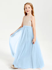Robe Longue de Demoiselle d'Honneur Junior avec Haut en Paillettes et Jupe en Tulle Bleu Ciel