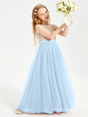 Robe Longue de Demoiselle d'Honneur Junior avec Haut en Paillettes et Jupe en Tulle Bleu Ciel