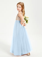 Robe Longue de Demoiselle d'Honneur Junior avec Haut en Paillettes et Jupe en Tulle Bleu Ciel