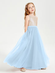 Robe Longue de Demoiselle d'Honneur Junior avec Haut en Paillettes et Jupe en Tulle Bleu Ciel