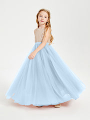 Robe Longue de Demoiselle d'Honneur Junior avec Haut en Paillettes et Jupe en Tulle Bleu Ciel